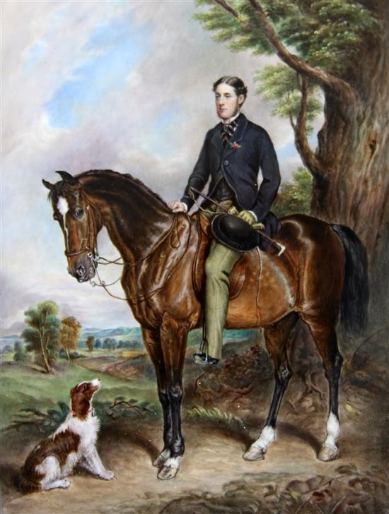 An English porcelain equestrian portrait plaque of Seymour Sydney Hyde, painted by J. Simpson, c.1869, overall 14 x 12.5in.